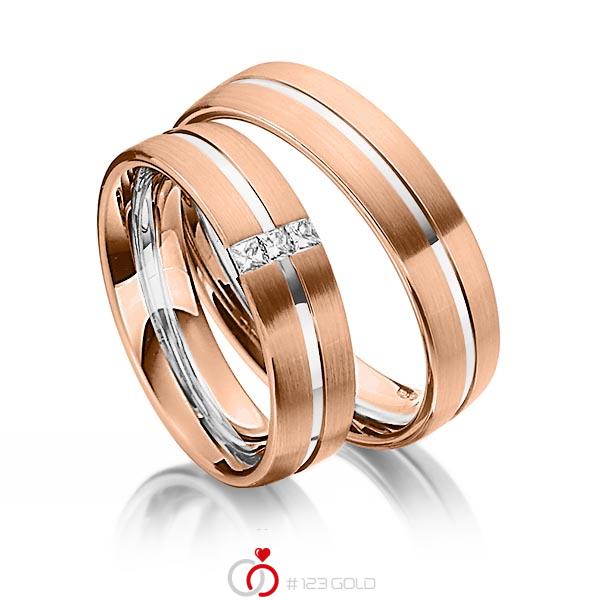 Set Bicolor trouwringen in roodgoud 14 kt. witgoud 14 kt. met in totaal 0,09 ct. Princess-Diamant tw/si van Steinberg - Q-1344-14 Set Bicolor trouwringen in roodgoud 14 kt. witgoud 14 kt. met in totaal 0,09 ct. Princess-Diamant tw/si van Steinberg - Q-1344-14