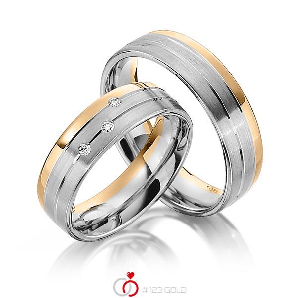 Set Bicolor trouwringen in roségoud 14 kt. grijsgoud 14 kt. met in totaal 0,06 ct. Briljant tw/si van Steinberg - Q-1340-3 Set Bicolor trouwringen in roségoud 14 kt. grijsgoud 14 kt. met in totaal 0,06 ct. Briljant tw/si van Steinberg - Q-1340-3