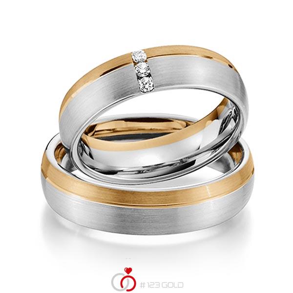 Set Bicolor trouwringen in roségoud 14 kt. grijsgoud 14 kt. met in totaal 0,075 ct. Briljant tw/si van Steinberg - Q-1338-11 Set Bicolor trouwringen in roségoud 14 kt. grijsgoud 14 kt. met in totaal 0,075 ct. Briljant tw/si van Steinberg - Q-1338-11