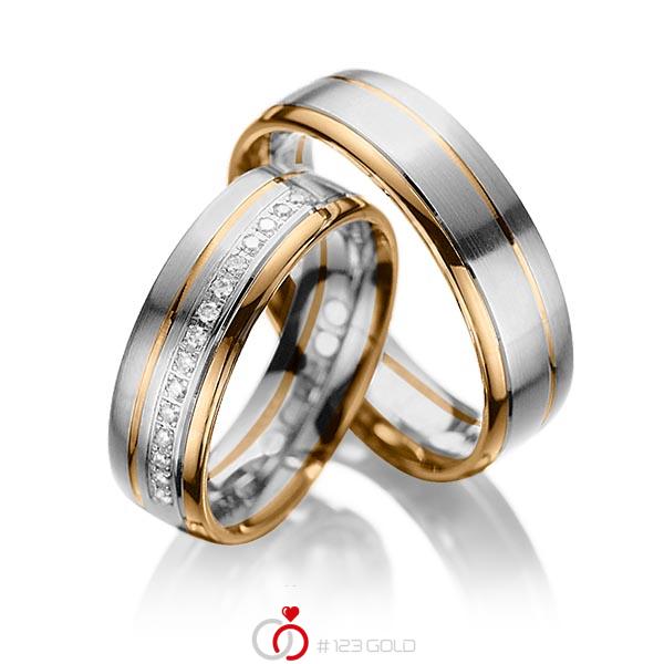 Set Bicolor trouwringen in roségoud 14 kt. grijsgoud 14 kt. met in totaal 0,15 ct. Briljant tw/si van acredo - A-1034-11 Set Bicolor trouwringen in roségoud 14 kt. grijsgoud 14 kt. met in totaal 0,15 ct. Briljant tw/si van acredo - A-1034-11