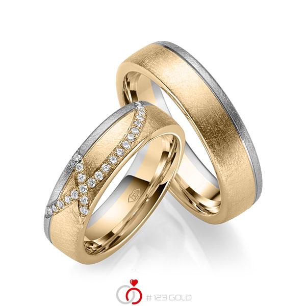 Set Bicolor trouwringen in roségoud 14 kt. grijsgoud 14 kt. met in totaal 0,168 ct. Briljant tw/si - UQ-1050-3 Set Bicolor trouwringen in roségoud 14 kt. grijsgoud 14 kt. met in totaal 0,168 ct. Briljant tw/si - UQ-1050-3
