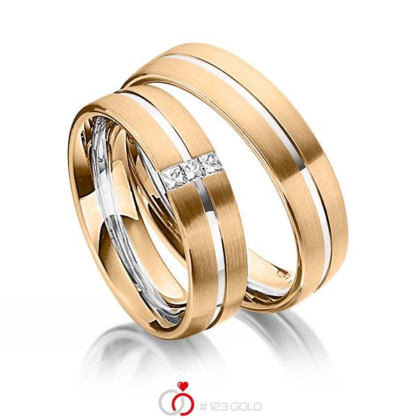 Set Bicolor trouwringen in roségoud 14 kt. witgoud 14 kt. met in totaal 0,09 ct. Princess-Diamant tw/si van Steinberg - Q-1344-12 Set Bicolor trouwringen in roségoud 14 kt. witgoud 14 kt. met in totaal 0,09 ct. Princess-Diamant tw/si van Steinberg - Q-1344-12
