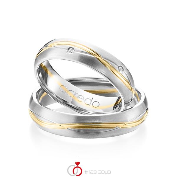 Set Bicolor trouwringen in witgoud 14 kt. geelgoud 14 kt. met in totaal 0,06 ct. Briljant tw/si van acredo - A-1158-2 Set Bicolor trouwringen in witgoud 14 kt. geelgoud 14 kt. met in totaal 0,06 ct. Briljant tw/si van acredo - A-1158-2