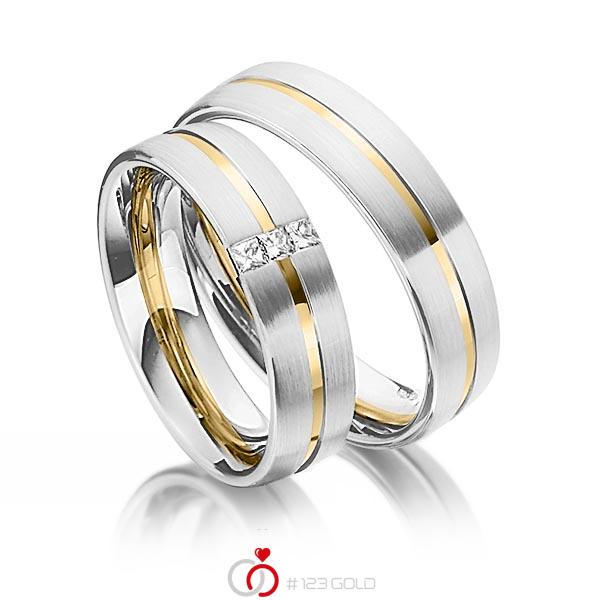 Set Bicolor trouwringen in witgoud 14 kt. geelgoud 14 kt. met in totaal 0,09 ct. Princess-Diamant tw/si van Steinberg - Q-1344-2 Set Bicolor trouwringen in witgoud 14 kt. geelgoud 14 kt. met in totaal 0,09 ct. Princess-Diamant tw/si van Steinberg - Q-1344-2