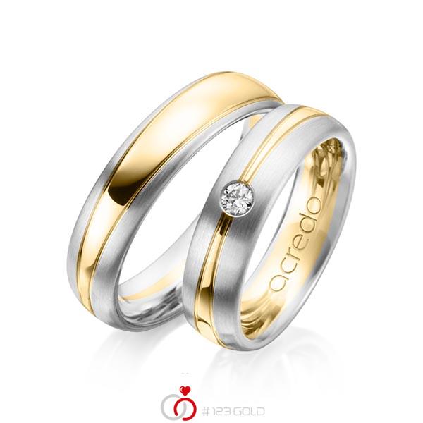 Set Bicolor trouwringen in witgoud 14 kt. geelgoud 14 kt. met in totaal 0,1 ct. Briljant tw/si van acredo - A-1149-2 Set Bicolor trouwringen in witgoud 14 kt. geelgoud 14 kt. met in totaal 0,1 ct. Briljant tw/si van acredo - A-1149-2
