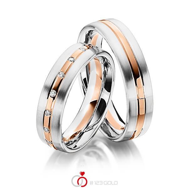 Set Bicolor trouwringen in witgoud 14 kt. roodgoud 14 kt. met in totaal 0,17 ct. Briljant tw/si van Steinberg - Q-1345-3 Set Bicolor trouwringen in witgoud 14 kt. roodgoud 14 kt. met in totaal 0,17 ct. Briljant tw/si van Steinberg - Q-1345-3