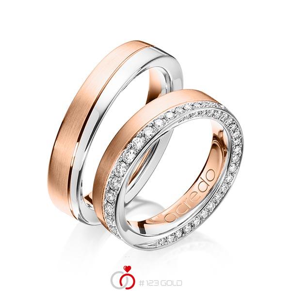 Set Bicolor trouwringen in witgoud 14 kt. roodgoud 14 kt. met in totaal 0,654 ct. Briljant tw/si van acredo - A-1156-3 Set Bicolor trouwringen in witgoud 14 kt. roodgoud 14 kt. met in totaal 0,654 ct. Briljant tw/si van acredo - A-1156-3