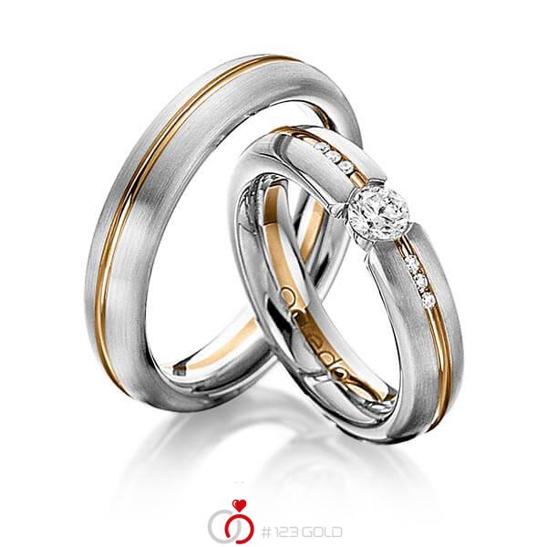 Set Bicolor trouwringen in witgoud 14 kt. roségoud 14 kt. met 0,3 ct. + in totaal 0,048 ct. Briljant tw/si van acredo - A-1122-7 Set Bicolor trouwringen in witgoud 14 kt. roségoud 14 kt. met 0,3 ct. + in totaal 0,048 ct. Briljant tw/si van acredo - A-1122-7