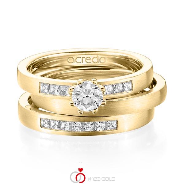 Set in geelgoud 14 kt. met 0,4 ct. + in totaal 0,39 ct. Briljant & Princess-Diamant tw,vs tw/si van acredo - A-1440-4 Set in geelgoud 14 kt. met 0,4 ct. + in totaal 0,39 ct. Briljant & Princess-Diamant tw,vs tw/si van acredo - A-1440-4