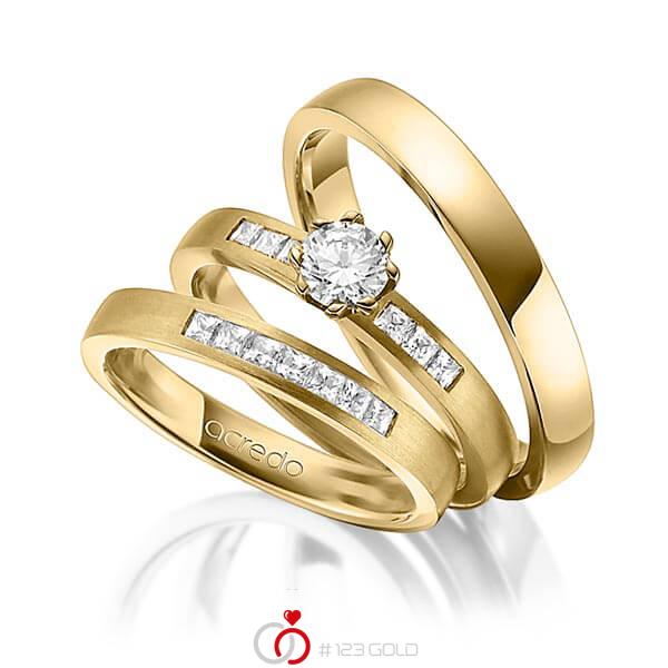 Set in geelgoud 14 kt. met 0,4 ct. + in totaal 0,39 ct. Princess-Diamant & Briljant tw/si tw,vs van acredo - A-1433-6 Set in geelgoud 14 kt. met 0,4 ct. + in totaal 0,39 ct. Princess-Diamant & Briljant tw/si tw,vs van acredo - A-1433-6