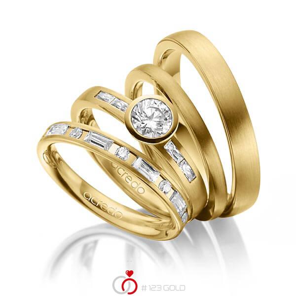 Set in geelgoud 14 kt. met 0,5 ct. + in totaal 1,005 ct. Briljant & Baguette-Diamant & Briljanten tw/si tw,vs van acredo - A-1417-7 Set in geelgoud 14 kt. met 0,5 ct. + in totaal 1,005 ct. Briljant & Baguette-Diamant & Briljanten tw/si tw,vs van acredo - A-1417-7