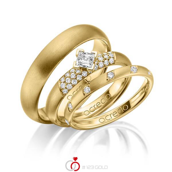 Set in geelgoud 14 kt. met in totaal 0,74 ct. Briljant & Princess-Diamant tw/si van acredo - A-1427-6 Set in geelgoud 14 kt. met in totaal 0,74 ct. Briljant & Princess-Diamant tw/si van acredo - A-1427-6