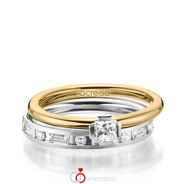 Set in geelgoud 14 kt. witgoud 14 kt. met in totaal 1,015 ct. Princess-Diamant & Briljant & Baguette-Diamant tw/si tw,vs van acredo - A-1458-2 Set in geelgoud 14 kt. witgoud 14 kt. met in totaal 1,015 ct. Princess-Diamant & Briljant & Baguette-Diamant tw/si tw,vs van acredo - A-1458-2