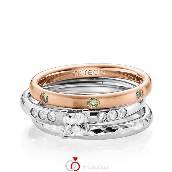 Set in roodgoud 14 kt. met 0,4 ct. + in totaal 0,26 ct. Briljant & Princess-Diamant Apple Green tw,vs tw/si van acredo - A-1289-3 Set in roodgoud 14 kt. met 0,4 ct. + in totaal 0,26 ct. Briljant & Princess-Diamant Apple Green tw,vs tw/si van acredo - A-1289-3