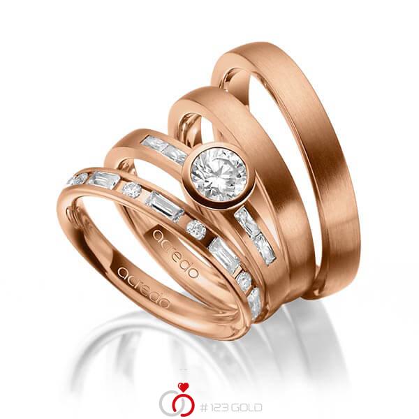 Set in roodgoud 14 kt. met 0,5 ct. + in totaal 1,005 ct. Briljant & Baguette-Diamant & Briljanten tw/si tw,vs van acredo - A-1418-10 Set in roodgoud 14 kt. met 0,5 ct. + in totaal 1,005 ct. Briljant & Baguette-Diamant & Briljanten tw/si tw,vs van acredo - A-1418-10