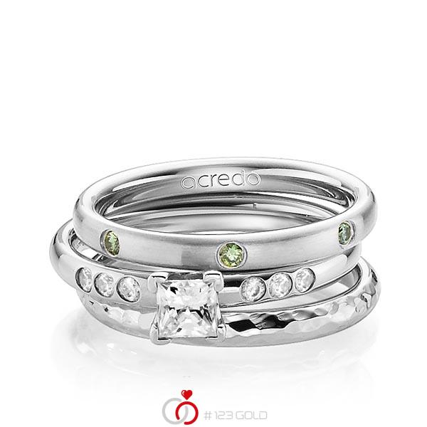 Set in Weißgold 585 mit 0,4 ct. + zus. 0,26 ct. Brillant & Prinzess-Diamant Apple Green tw, vs tw, si von acredo - A-1289-4 Set in Weißgold 585 mit 0,4 ct. + zus. 0,26 ct. Brillant & Prinzess-Diamant Apple Green tw, vs tw, si von acredo - A-1289-4