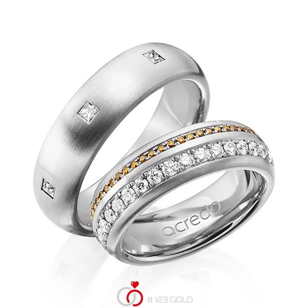 Set klassieke Memoire-trouwringen in buiten grijsgoud 14 kt. , binnen grijsgoud 14 kt. volledig gezet met in totaal 1,59 ct. Briljant & Princess-Diamant Cognac r,if van acredo - A-1254-11 Set klassieke Memoire-trouwringen in buiten grijsgoud 14 kt. , binnen grijsgoud 14 kt. volledig gezet met in totaal 1,59 ct. Briljant & Princess-Diamant Cognac r,if van acredo - A-1254-11