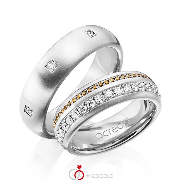 Set klassieke Memoire-trouwringen in buiten platina 950 , binnen platina 950 volledig gezet met in totaal 1,59 ct. Briljant & Princess-Diamant Cognac r,if van acredo - A-1254-4 Set klassieke Memoire-trouwringen in buiten platina 950 , binnen platina 950 volledig gezet met in totaal 1,59 ct. Briljant & Princess-Diamant Cognac r,if van acredo - A-1254-4
