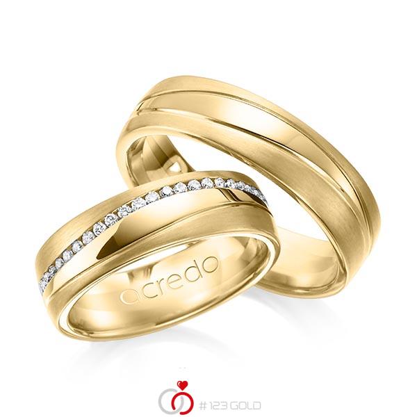 Set Klassieke Memoire-trouwringen in geelgoud 14 kt. volledig gezet met in totaal 0,4 ct. Briljant tw/si van acredo - A-1153-5 Set Klassieke Memoire-trouwringen in geelgoud 14 kt. volledig gezet met in totaal 0,4 ct. Briljant tw/si van acredo - A-1153-5