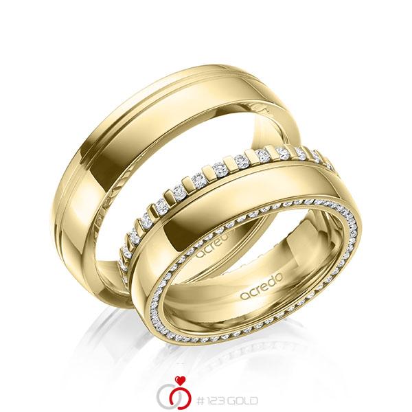 Set Klassieke Memoire-trouwringen in geelgoud 14 kt. volledig gezet met in totaal 0,765 ct. Briljant tw/si van acredo - A-2101-4 Set Klassieke Memoire-trouwringen in geelgoud 14 kt. volledig gezet met in totaal 0,765 ct. Briljant tw/si van acredo - A-2101-4