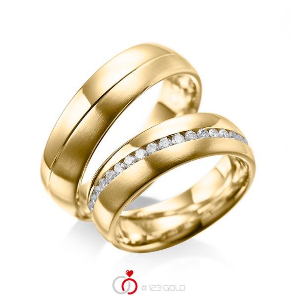 Set Klassieke Memoire-trouwringen in geelgoud 14 kt. volledig gezet met in totaal 0,76 ct. Briljant tw/si van acredo - A-1100-1 Set Klassieke Memoire-trouwringen in geelgoud 14 kt. volledig gezet met in totaal 0,76 ct. Briljant tw/si van acredo - A-1100-1