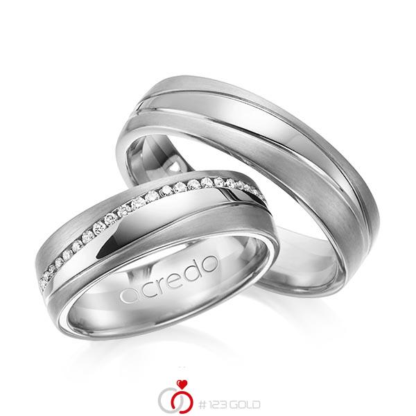Set Klassieke Memoire-trouwringen in grijsgoud 14 kt. volledig gezet met in totaal 0,4 ct. Briljant tw/si van acredo - A-1153-11 Set Klassieke Memoire-trouwringen in grijsgoud 14 kt. volledig gezet met in totaal 0,4 ct. Briljant tw/si van acredo - A-1153-11