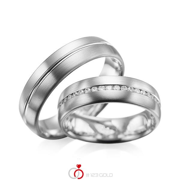 Set Klassieke Memoire-trouwringen in grijsgoud 14 kt. volledig gezet met in totaal 0,615 ct. Briljant tw/si van acredo - A-1031-13 Set Klassieke Memoire-trouwringen in grijsgoud 14 kt. volledig gezet met in totaal 0,615 ct. Briljant tw/si van acredo - A-1031-13
