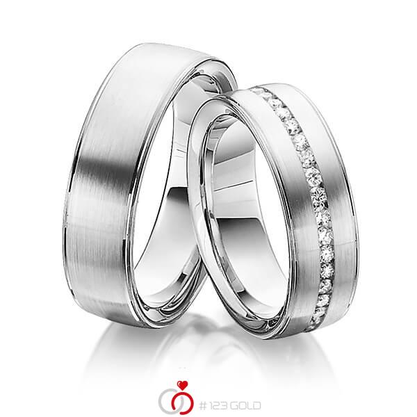 Set Klassieke Memoire-trouwringen in grijsgoud 14 kt. volledig gezet met in totaal 0,74 ct. Briljant tw/si van Steinberg - Q-1342-11 Set Klassieke Memoire-trouwringen in grijsgoud 14 kt. volledig gezet met in totaal 0,74 ct. Briljant tw/si van Steinberg - Q-1342-11