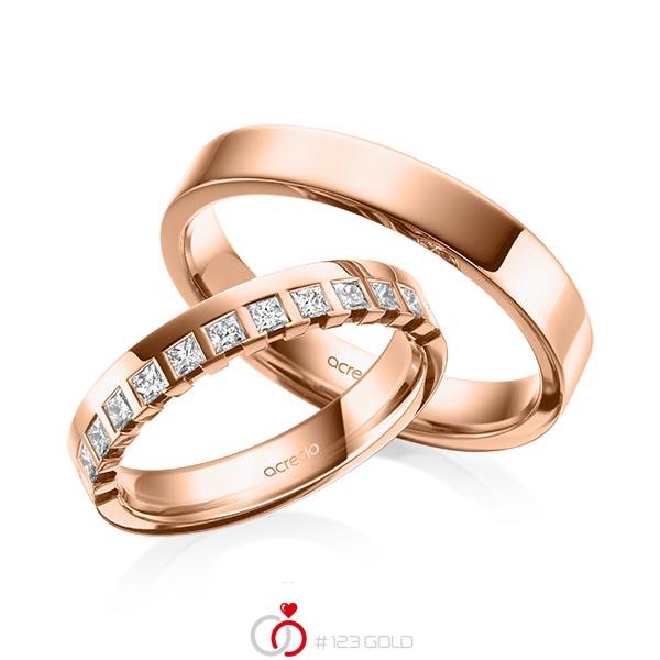 Set klassieke Memoire-trouwringen in roodgoud 14 kt. half gezet met in totaal 0,36 ct. tw,vs van acredo - A-2109-4 Set klassieke Memoire-trouwringen in roodgoud 14 kt. half gezet met in totaal 0,36 ct. tw,vs van acredo - A-2109-4