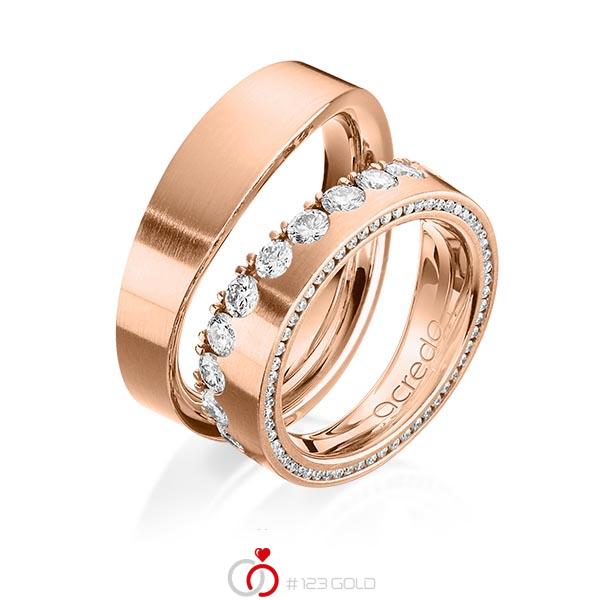 Set klassieke Memoire-trouwringen in roodgoud 14 kt. half gezet met in totaal 1,38 ct. Briljant tw/si van acredo - A-1198-10 Set klassieke Memoire-trouwringen in roodgoud 14 kt. half gezet met in totaal 1,38 ct. Briljant tw/si van acredo - A-1198-10