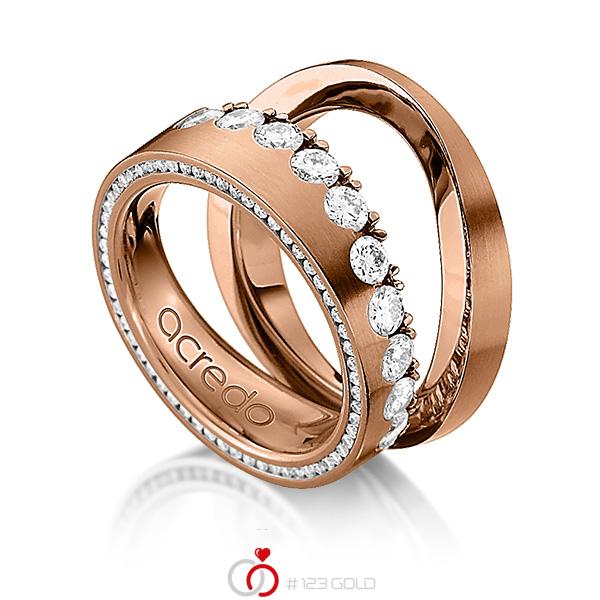 Set klassieke Memoire-trouwringen in roodgoud 18 kt. half gezet met in totaal 1,385 ct. Briljant tw/si van acredo - A-1238-12 Set klassieke Memoire-trouwringen in roodgoud 18 kt. half gezet met in totaal 1,385 ct. Briljant tw/si van acredo - A-1238-12