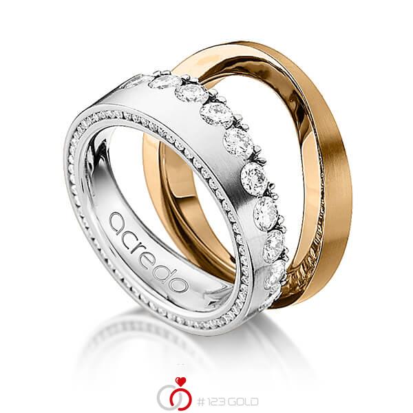 Set klassieke Memoire-trouwringen in witgoud 14 kt. half gezet met in totaal 1,385 ct. Briljant tw/si van acredo - A-1238-1 Set klassieke Memoire-trouwringen in witgoud 14 kt. half gezet met in totaal 1,385 ct. Briljant tw/si van acredo - A-1238-1