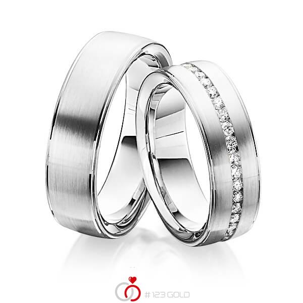 Set Klassieke Memoire-trouwringen in witgoud 14 kt. volledig gezet met in totaal 0,74 ct. Briljant tw/si van Steinberg - Q-1342-2 Set Klassieke Memoire-trouwringen in witgoud 14 kt. volledig gezet met in totaal 0,74 ct. Briljant tw/si van Steinberg - Q-1342-2