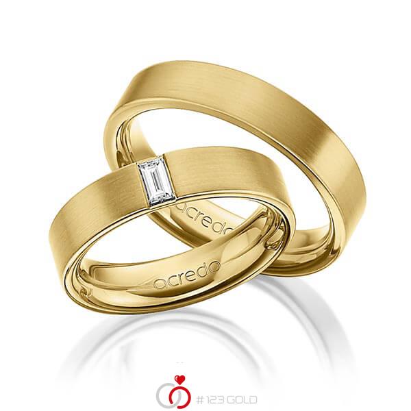 Set klassieke trouwringen in buiten geelgoud 14 kt. , binnen geelgoud 14 kt. met in totaal 0,2 ct. Baguette-Diamant tw,vs van acredo - A-1470-6 Set klassieke trouwringen in buiten geelgoud 14 kt. , binnen geelgoud 14 kt. met in totaal 0,2 ct. Baguette-Diamant tw,vs van acredo - A-1470-6