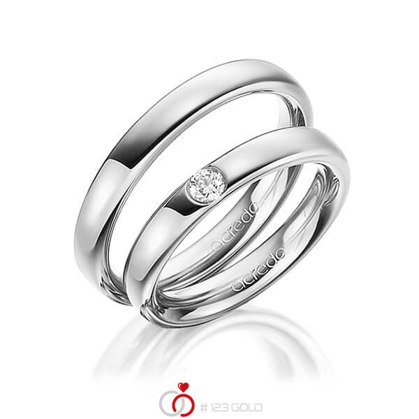 Set klassieke trouwringen in buiten grijsgoud 14 kt. , binnen grijsgoud 14 kt. met in totaal 0,12 ct. Briljant tw/si van acredo - A-1466-6 Set klassieke trouwringen in buiten grijsgoud 14 kt. , binnen grijsgoud 14 kt. met in totaal 0,12 ct. Briljant tw/si van acredo - A-1466-6