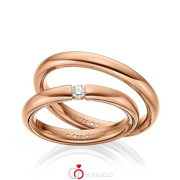 Set klassieke trouwringen in buiten roodgoud 14 kt. , binnen roodgoud 14 kt. met in totaal 0,08 ct. Briljant tw/si van acredo - A-1464-5 Set klassieke trouwringen in buiten roodgoud 14 kt. , binnen roodgoud 14 kt. met in totaal 0,08 ct. Briljant tw/si van acredo - A-1464-5