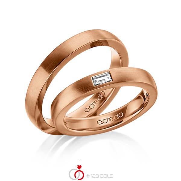 Set klassieke trouwringen in buiten roodgoud 14 kt. , binnen roodgoud 14 kt. met in totaal 0,15 ct. Baguette-Diamant tw,vs van acredo - A-1467-7 Set klassieke trouwringen in buiten roodgoud 14 kt. , binnen roodgoud 14 kt. met in totaal 0,15 ct. Baguette-Diamant tw,vs van acredo - A-1467-7