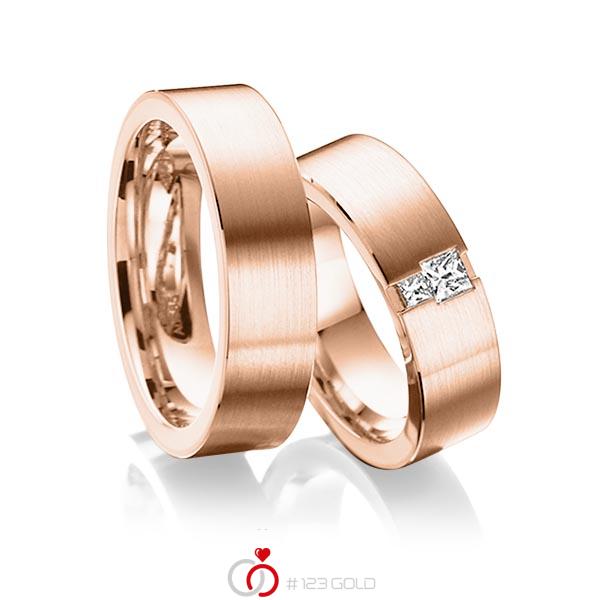 Set klassieke trouwringen in buiten roodgoud 14 kt. , binnen roodgoud 14 kt. met in totaal 0,2 ct. Princess-Diamant tw/si van acredo - A-6014-7 Set klassieke trouwringen in buiten roodgoud 14 kt. , binnen roodgoud 14 kt. met in totaal 0,2 ct. Princess-Diamant tw/si van acredo - A-6014-7