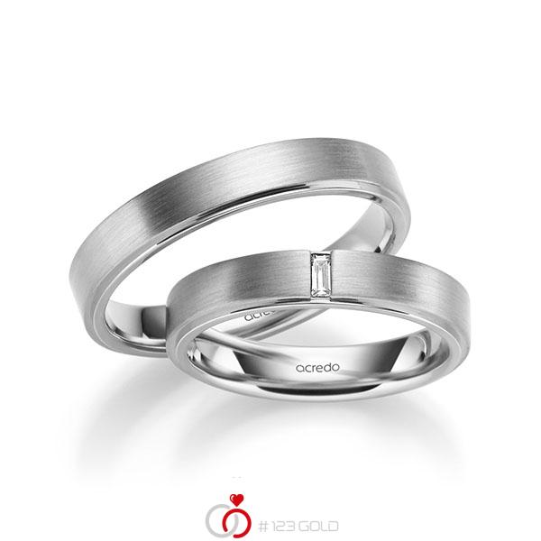Set Klassieke trouwringen in buiten witgoud 14 kt. , binnen witgoud 14 kt. met in totaal 0,06 ct. Baguette-Diamant tw,vs van acredo - A-1054-17 Set Klassieke trouwringen in buiten witgoud 14 kt. , binnen witgoud 14 kt. met in totaal 0,06 ct. Baguette-Diamant tw,vs van acredo - A-1054-17
