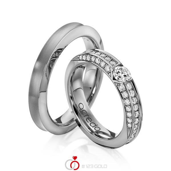 Set klassieke trouwringen in dark grey gold 14 kt. met 0,3 ct. + in totaal 0,902 ct. Briljant tw/si van acredo - A-1117-6 Set klassieke trouwringen in dark grey gold 14 kt. met 0,3 ct. + in totaal 0,902 ct. Briljant tw/si van acredo - A-1117-6