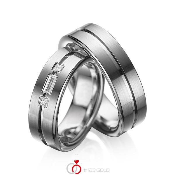 Set Klassieke trouwringen in dark grey gold 14 kt. met in totaal 0,22 ct. Baguette-Diamant & Princess-Diamant tw,vs van acredo - A-1011-5 Set Klassieke trouwringen in dark grey gold 14 kt. met in totaal 0,22 ct. Baguette-Diamant & Princess-Diamant tw,vs van acredo - A-1011-5