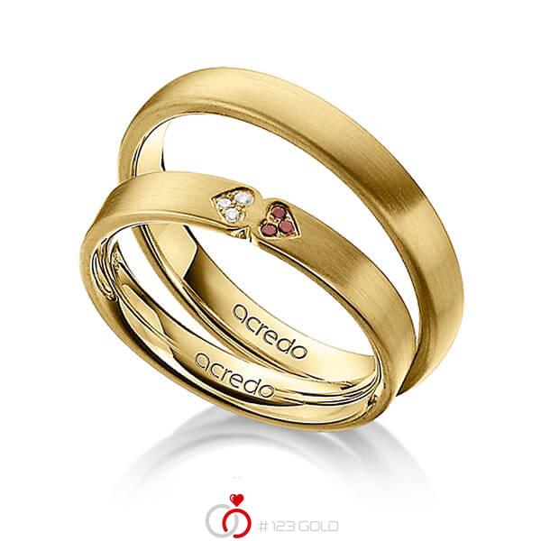 Set klassieke trouwringen in geelgoud 14 kt. met in totaal 0,03 ct. Briljant Red Cherry tw/si van acredo - A-1244-2 Set klassieke trouwringen in geelgoud 14 kt. met in totaal 0,03 ct. Briljant Red Cherry tw/si van acredo - A-1244-2
