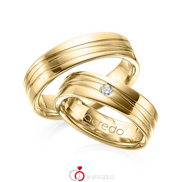 Set Klassieke trouwringen in geelgoud 14 kt. met in totaal 0,05 ct. Briljant tw/si van acredo - A-1154-5 Set Klassieke trouwringen in geelgoud 14 kt. met in totaal 0,05 ct. Briljant tw/si van acredo - A-1154-5