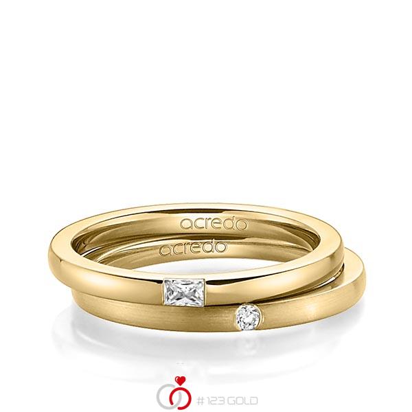 Set klassieke trouwringen in geelgoud 14 kt. met in totaal 0,095 ct. Baguette-Diamant & Briljant tw,vs tw/si van acredo - A-1394-7 Set klassieke trouwringen in geelgoud 14 kt. met in totaal 0,095 ct. Baguette-Diamant & Briljant tw,vs tw/si van acredo - A-1394-7