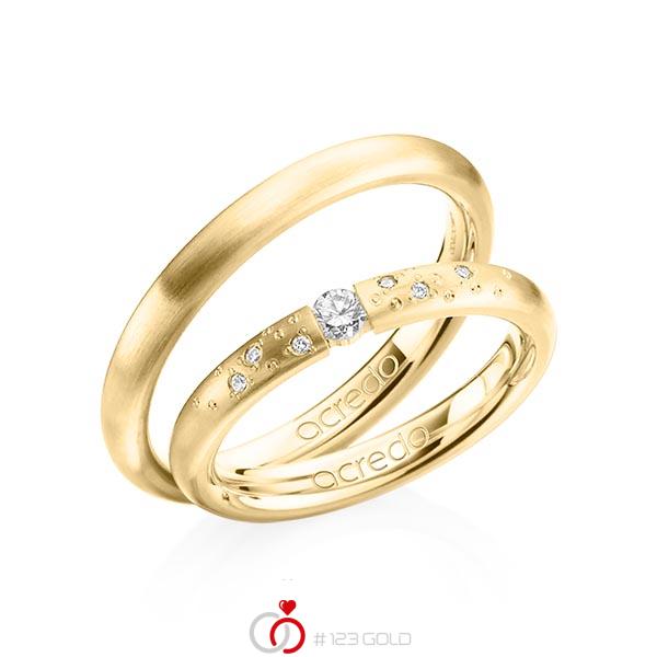 Set klassieke trouwringen in geelgoud 14 kt. met in totaal 0,13 ct. Briljant tw/si van acredo - A-1291-2 Set klassieke trouwringen in geelgoud 14 kt. met in totaal 0,13 ct. Briljant tw/si van acredo - A-1291-2