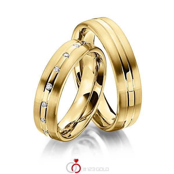 Set Klassieke trouwringen in geelgoud 14 kt. met in totaal 0,17 ct. Briljant tw/si van Steinberg - Q-1345-10 Set Klassieke trouwringen in geelgoud 14 kt. met in totaal 0,17 ct. Briljant tw/si van Steinberg - Q-1345-10