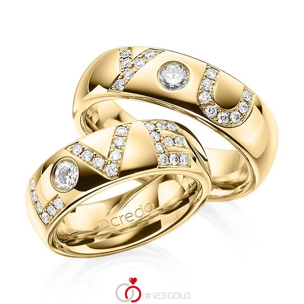 Set klassieke trouwringen in geelgoud 18 kt. met in totaal 0,955 ct. Briljant tw/si van acredo - A-1253-2 Set klassieke trouwringen in geelgoud 18 kt. met in totaal 0,955 ct. Briljant tw/si van acredo - A-1253-2