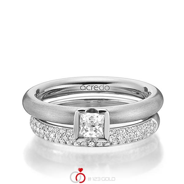 Set klassieke trouwringen in grijsgoud 14 kt. met 0,4 ct. + in totaal 0,38 ct. Princess-Diamant & Briljant tw,vs tw/si van acredo - A-1456-5 Set klassieke trouwringen in grijsgoud 14 kt. met 0,4 ct. + in totaal 0,38 ct. Princess-Diamant & Briljant tw,vs tw/si van acredo - A-1456-5