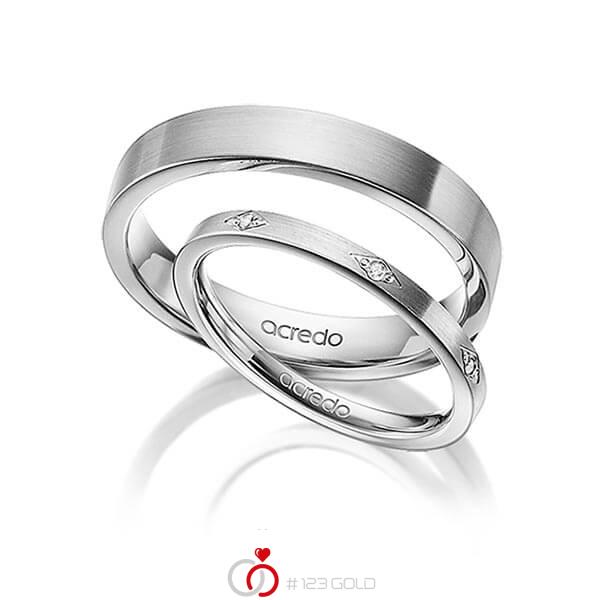 Set klassieke trouwringen in grijsgoud 14 kt. met in totaal 0,035 ct. Briljant tw/si van acredo - A-1403-3 Set klassieke trouwringen in grijsgoud 14 kt. met in totaal 0,035 ct. Briljant tw/si van acredo - A-1403-3