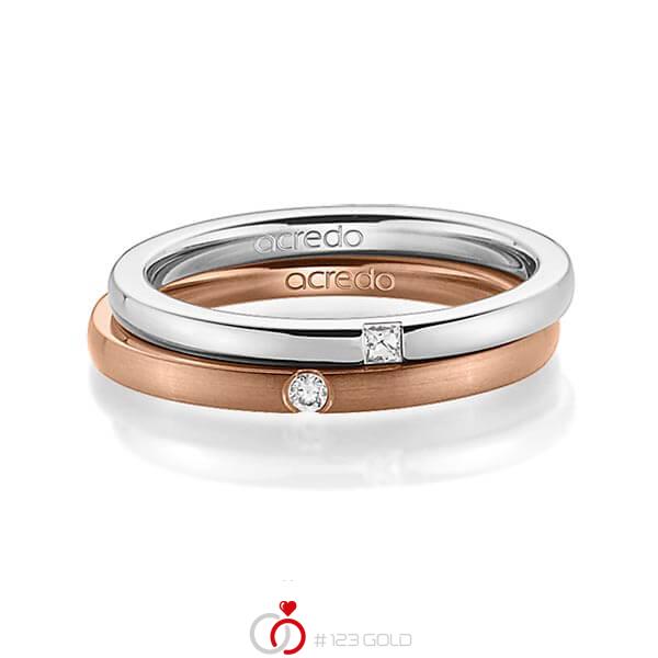 Set klassieke trouwringen in grijsgoud 14 kt. met in totaal 0,055 ct. Princess-Diamant & Briljant tw/si van acredo - A-1393-10 Set klassieke trouwringen in grijsgoud 14 kt. met in totaal 0,055 ct. Princess-Diamant & Briljant tw/si van acredo - A-1393-10